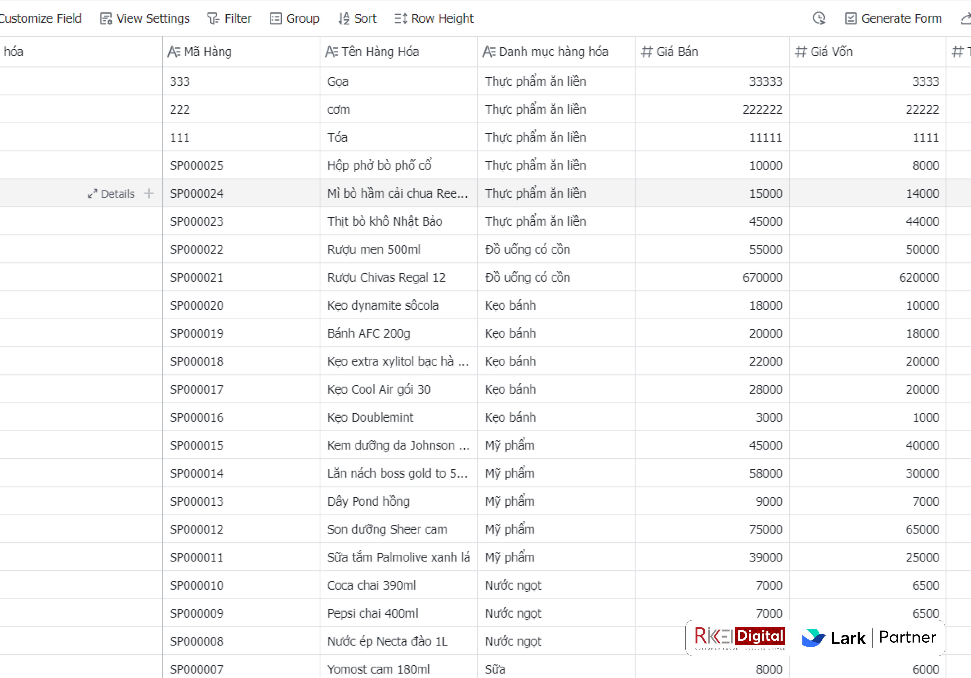 Kết quả sau khi tích hợp Lark Base và KiotViet
